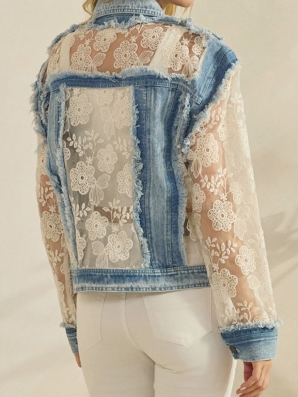 Western Floral Lace Semi Sheer Button Down Frayed Jacket - Picture 6 of 13